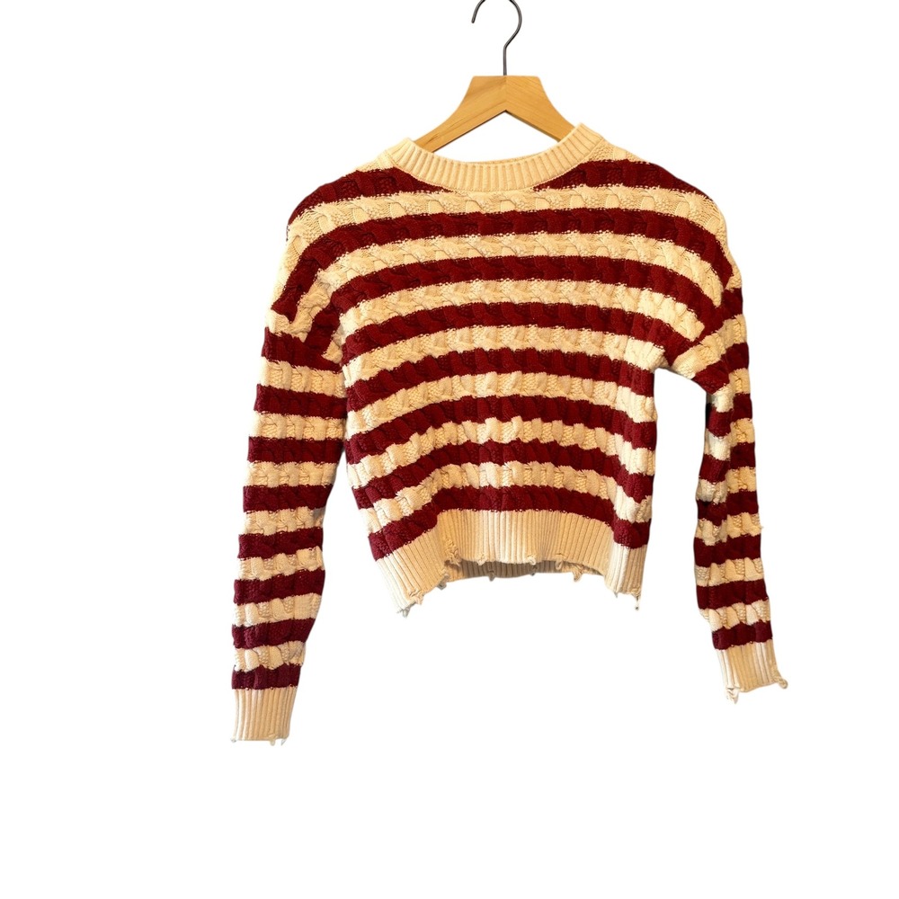 LNA Clothing Striped Cable Knit Cropped Sweater Burgundy Cream Extra Small
